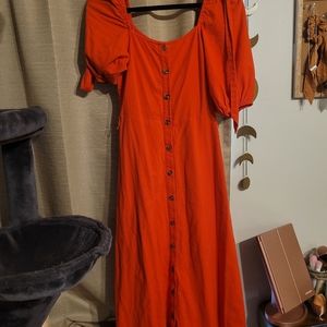 Midi dress with belt and puff sleeves